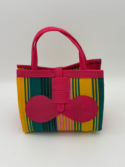 Citrus Medium  handwoven tote bag by SCRUBIES in Pink,Yellow,Green with Stripes design and Bow accent pattern