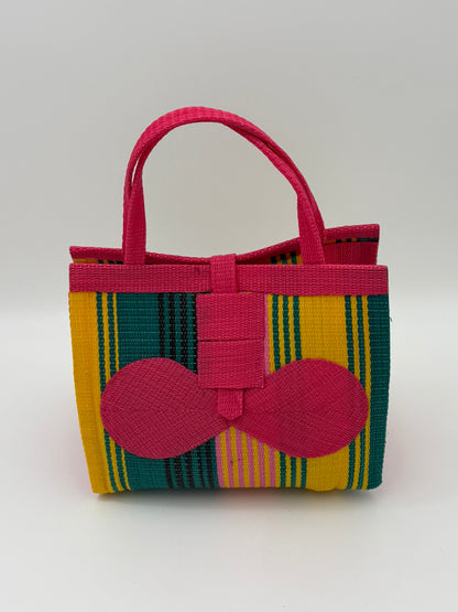 Citrus Medium  handwoven tote bag by SCRUBIES in Pink,Yellow,Green with Stripes design and Bow accent pattern