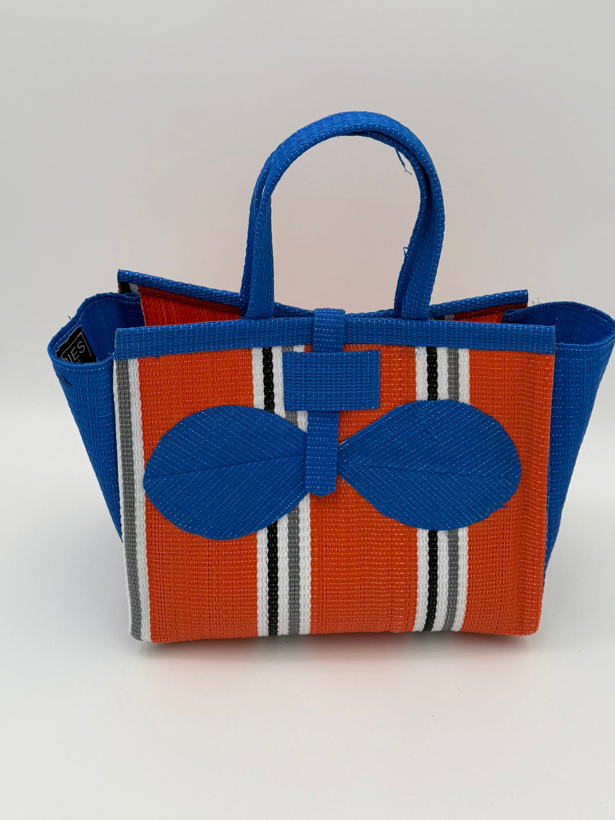 Citrus Medium  handwoven tote bag by SCRUBIES in Orange,Blue,White,Gray with Stripes design and Bow accent pattern