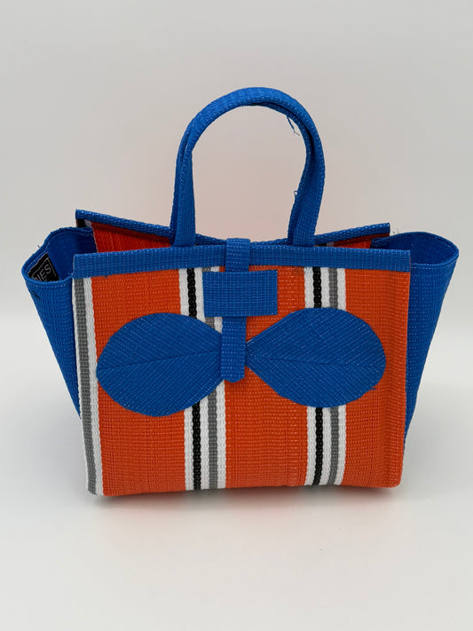 Citrus Medium  handwoven tote bag by SCRUBIES in Orange,Blue,White,Gray with Stripes design and Bow accent pattern