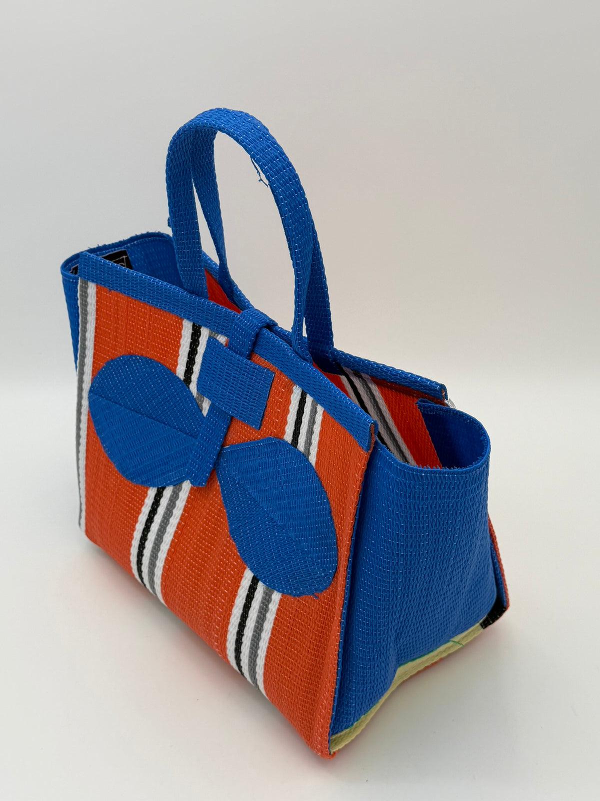 Citrus Medium  handwoven tote bag by SCRUBIES in Orange,Blue,White,Gray with Stripes design and Bow accent pattern