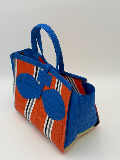 Citrus Medium  handwoven tote bag by SCRUBIES in Orange,Blue,White,Gray with Stripes design and Bow accent pattern