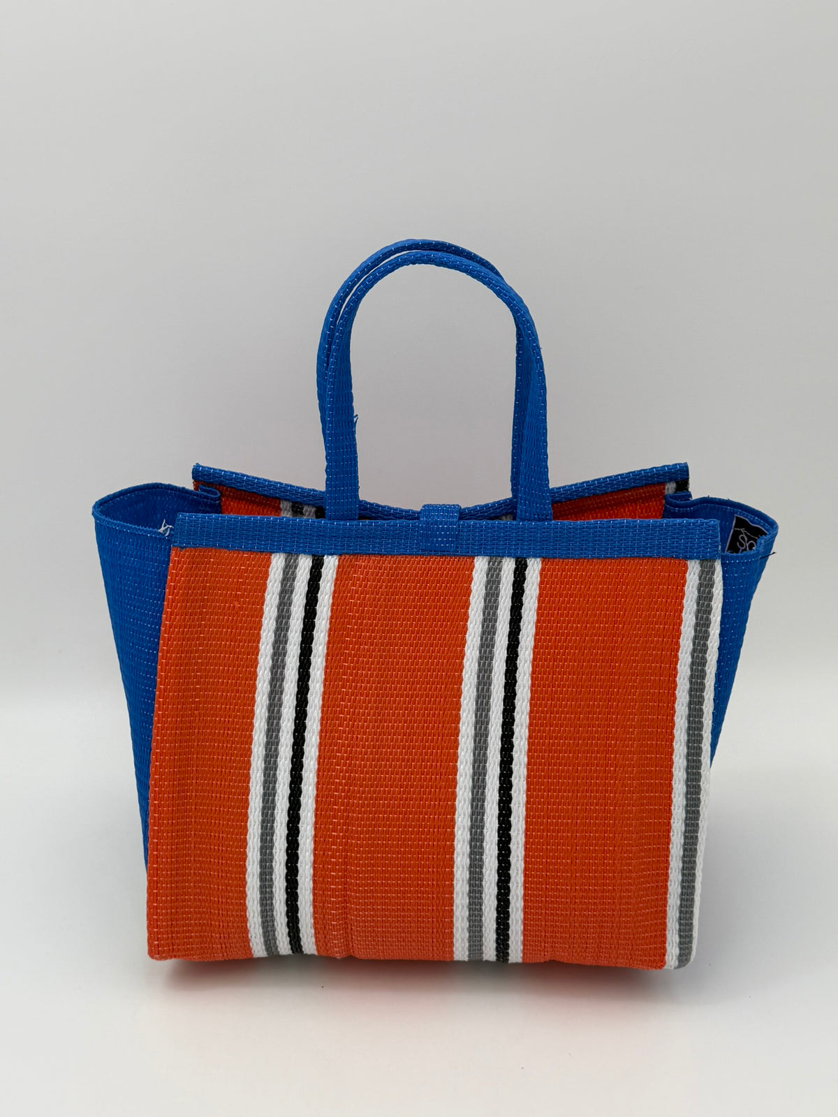 Citrus Medium  handwoven tote bag by SCRUBIES in Orange,Blue,White,Gray with Stripes design and Bow accent pattern