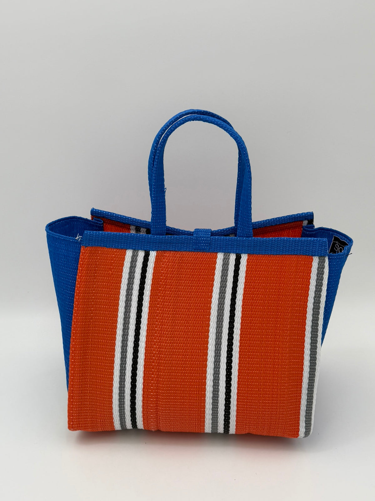 Citrus Medium  handwoven tote bag by SCRUBIES in Orange,Blue,White,Gray with Stripes design and Bow accent pattern