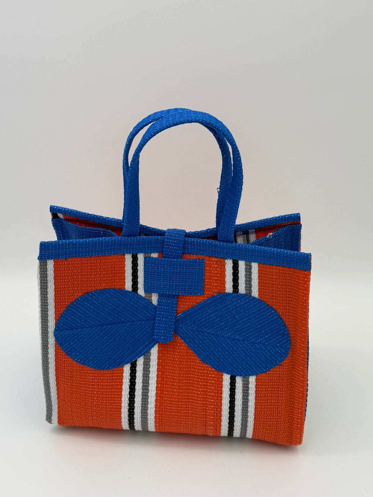 Citrus Medium  handwoven tote bag by SCRUBIES in Orange,Blue,White,Gray with Stripes design and Bow accent pattern
