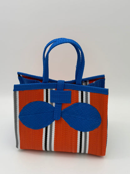 Citrus Medium  handwoven tote bag by SCRUBIES in Orange,Blue,White,Gray with Stripes design and Bow accent pattern