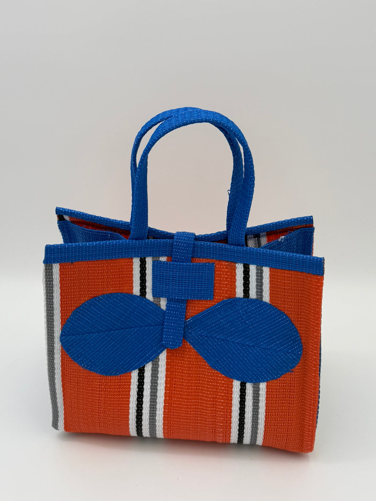 Citrus Medium  handwoven tote bag by SCRUBIES in Orange,Blue,White,Gray with Stripes design and Bow accent pattern