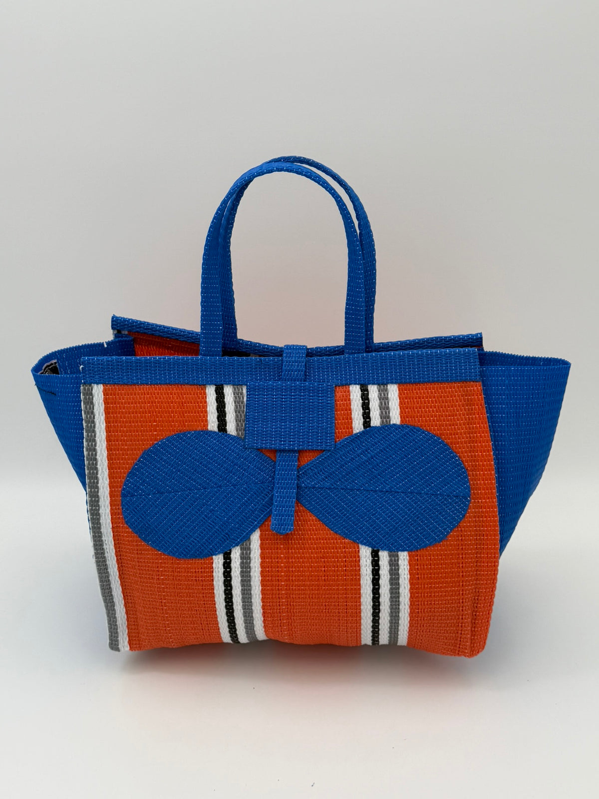 Citrus Medium  handwoven tote bag by SCRUBIES in Orange,Blue,White,Gray with Stripes design and Bow accent pattern