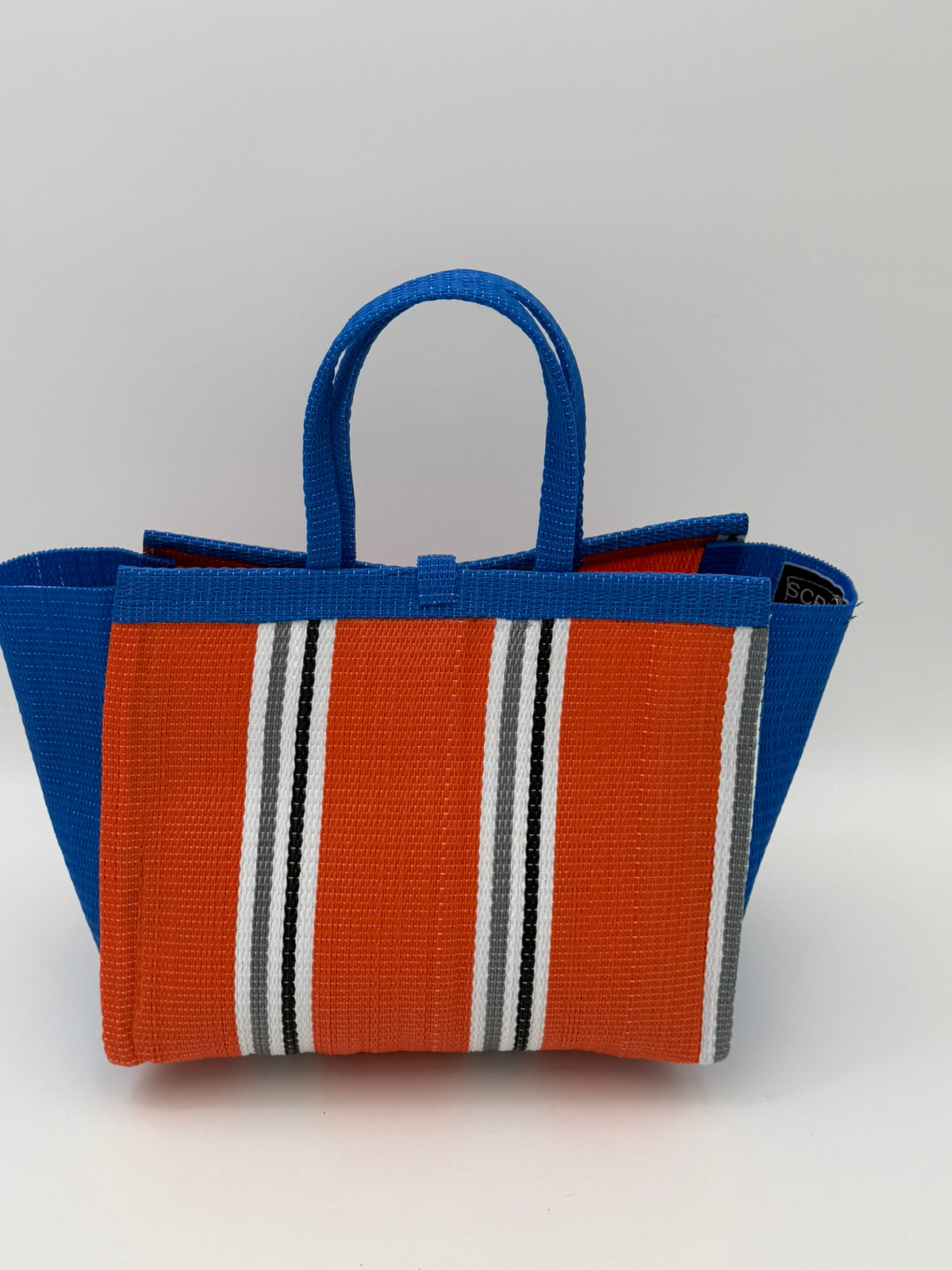 Citrus Medium  handwoven tote bag by SCRUBIES in Orange,Blue,White,Gray with Stripes design and Bow accent pattern