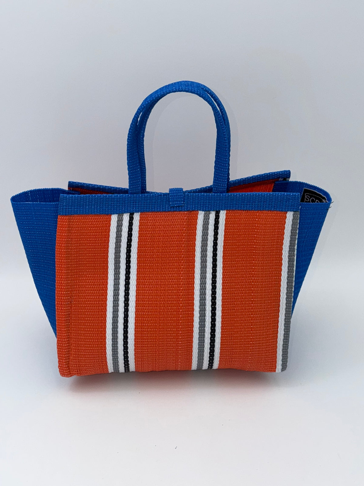 Citrus Medium  handwoven tote bag by SCRUBIES in Orange,Blue,White,Gray with Stripes design and Bow accent pattern