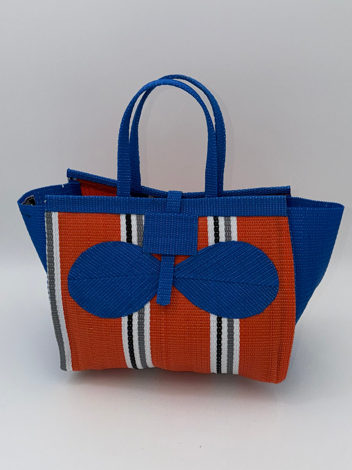 Citrus Medium  handwoven tote bag by SCRUBIES in Orange,Blue,White,Gray with Stripes design and Bow accent pattern