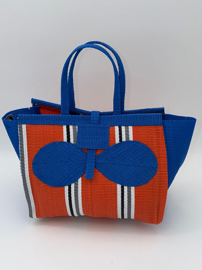 Citrus Medium  handwoven tote bag by SCRUBIES in Orange,Blue,White,Gray with Stripes design and Bow accent pattern