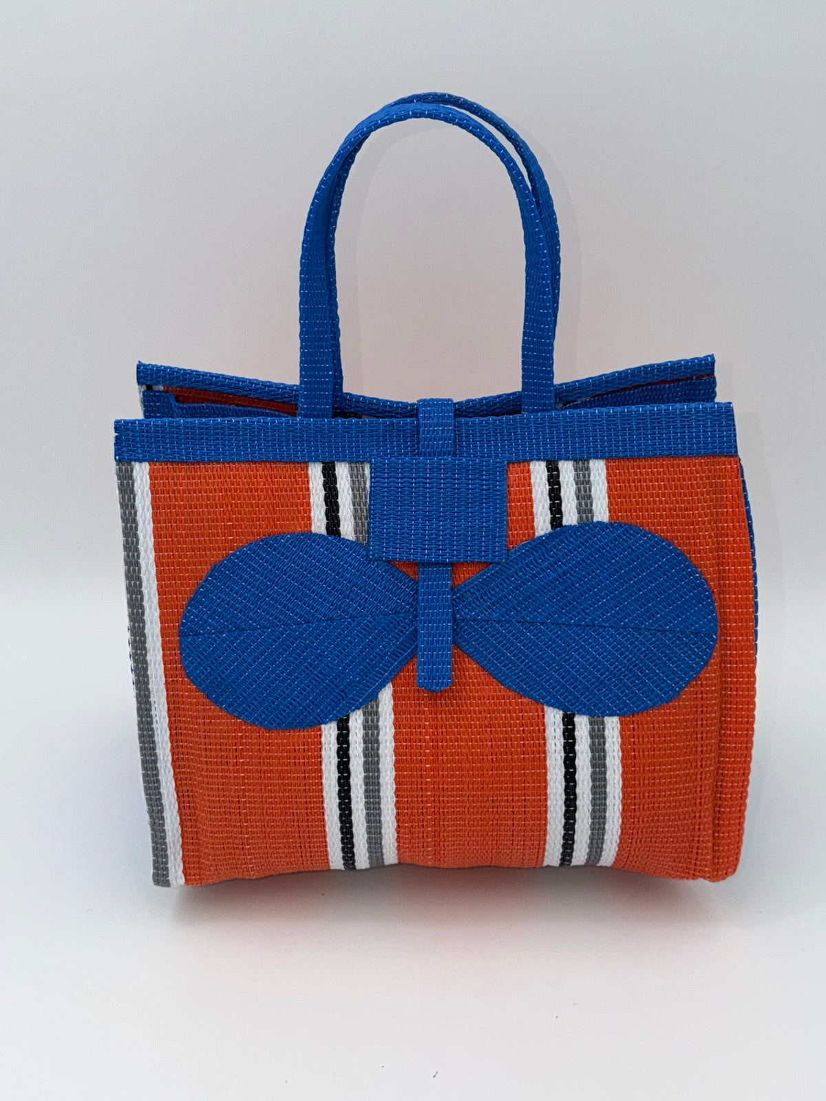 Citrus Medium  handwoven tote bag by SCRUBIES in Orange,Blue,White,Gray with Stripes design and Bow accent pattern