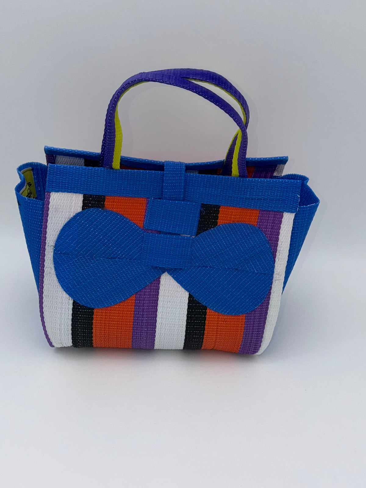 Citrus Medium  handwoven tote bag by SCRUBIES in Blue,White,Black,Orange,Purple with Stripes design and Bow accent pattern