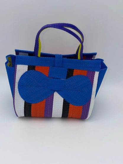 Citrus Medium  handwoven tote bag by SCRUBIES in Blue,White,Black,Orange,Purple with Stripes design and Bow accent pattern