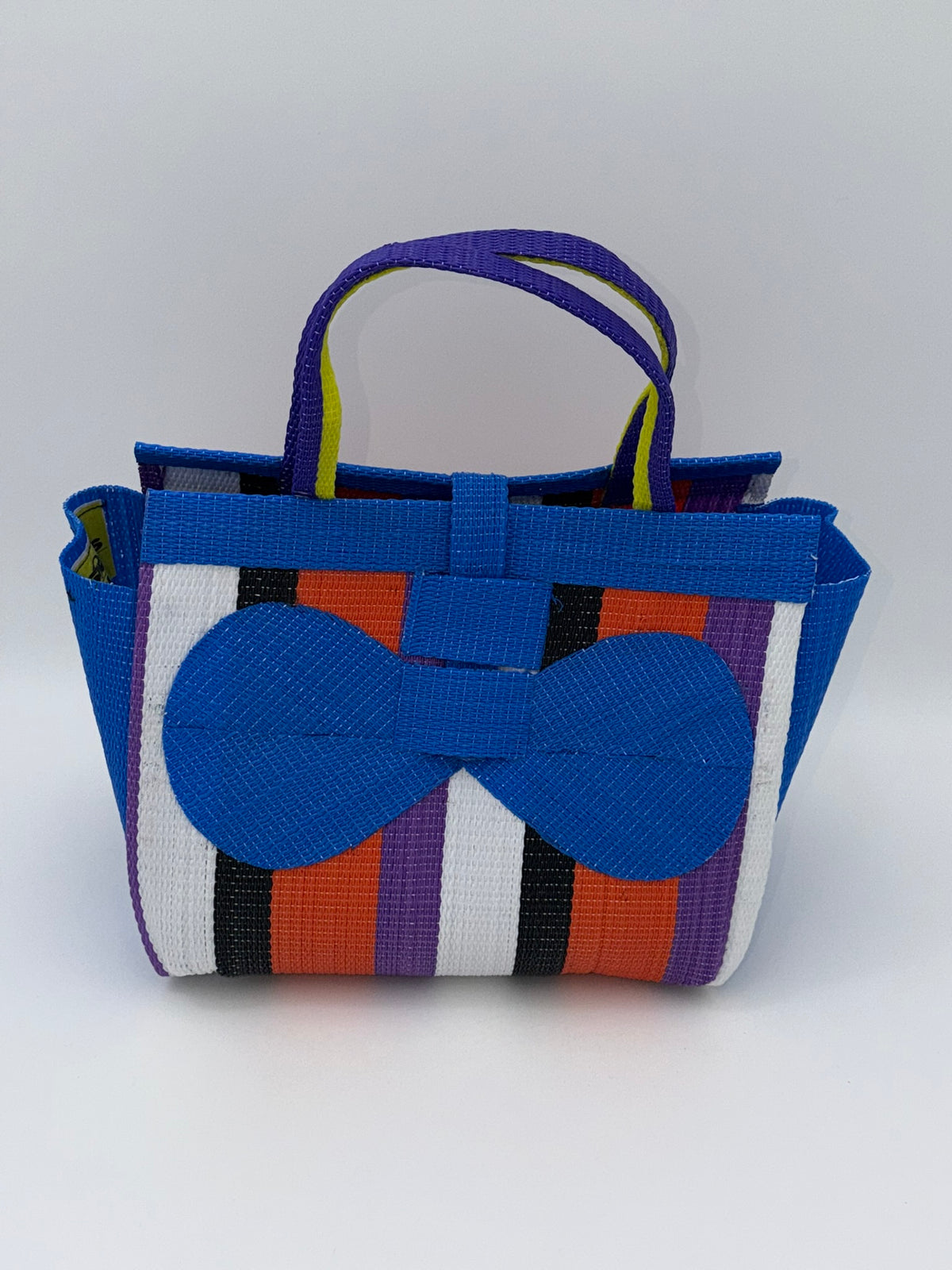 Citrus Medium  handwoven tote bag by SCRUBIES in Blue,White,Black,Orange,Purple with Stripes design and Bow accent pattern