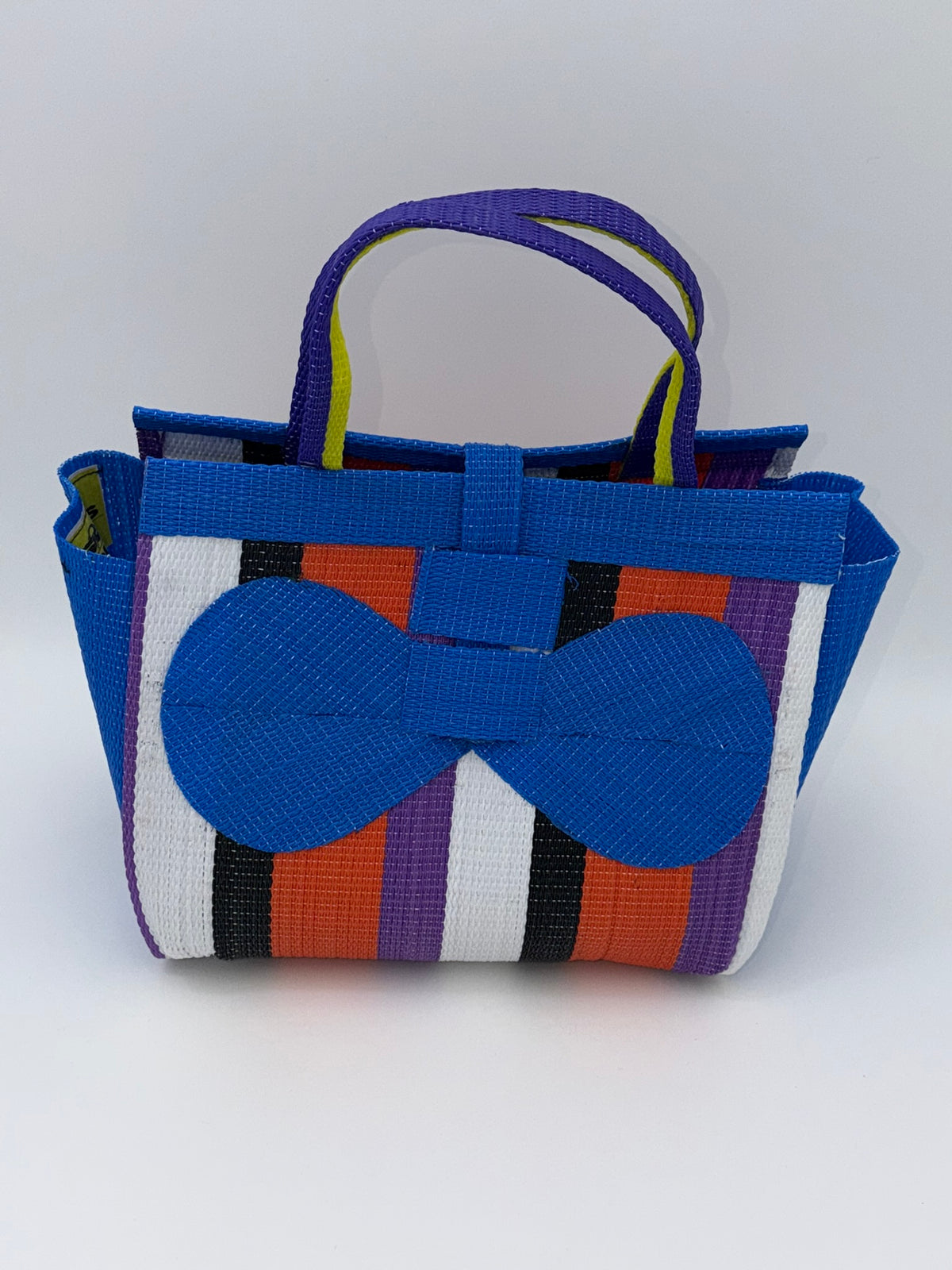Citrus Medium  handwoven tote bag by SCRUBIES in Blue,White,Black,Orange,Purple with Stripes design and Bow accent pattern