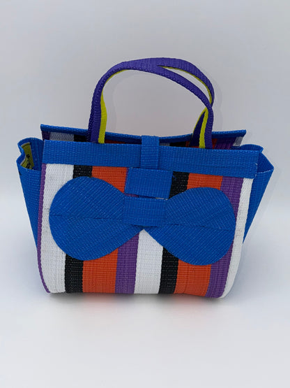 Citrus Medium  handwoven tote bag by SCRUBIES in Blue,White,Black,Orange,Purple with Stripes design and Bow accent pattern