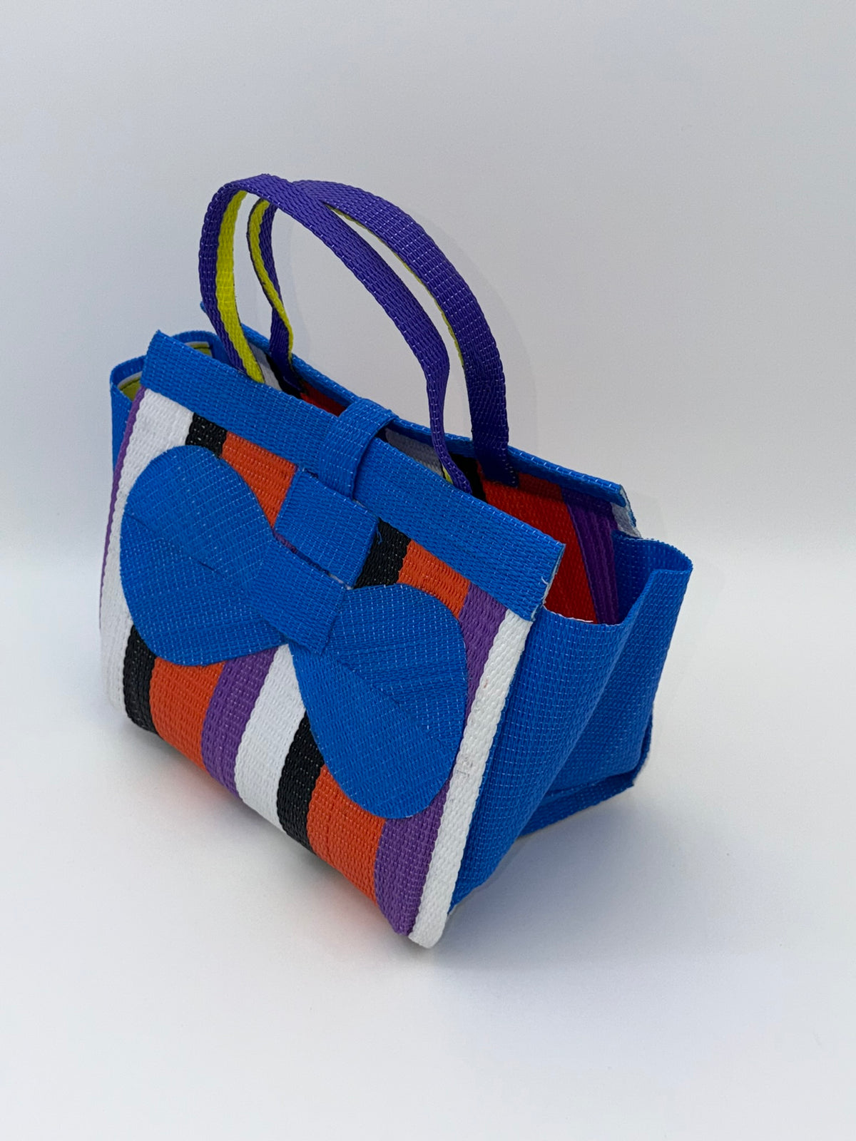 Citrus Medium  handwoven tote bag by SCRUBIES in Blue,White,Black,Orange,Purple with Stripes design and Bow accent pattern