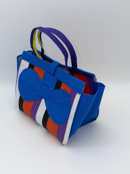 Citrus Medium  handwoven tote bag by SCRUBIES in Blue,White,Black,Orange,Purple with Stripes design and Bow accent pattern