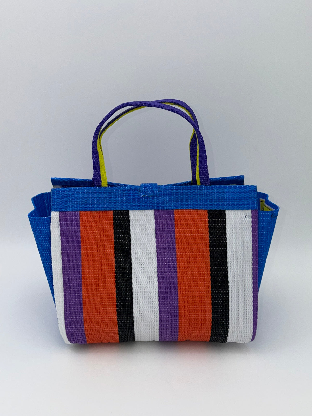 Citrus Medium  handwoven tote bag by SCRUBIES in Blue,White,Black,Orange,Purple with Stripes design and Bow accent pattern