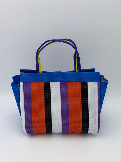 Citrus Medium  handwoven tote bag by SCRUBIES in Blue,White,Black,Orange,Purple with Stripes design and Bow accent pattern