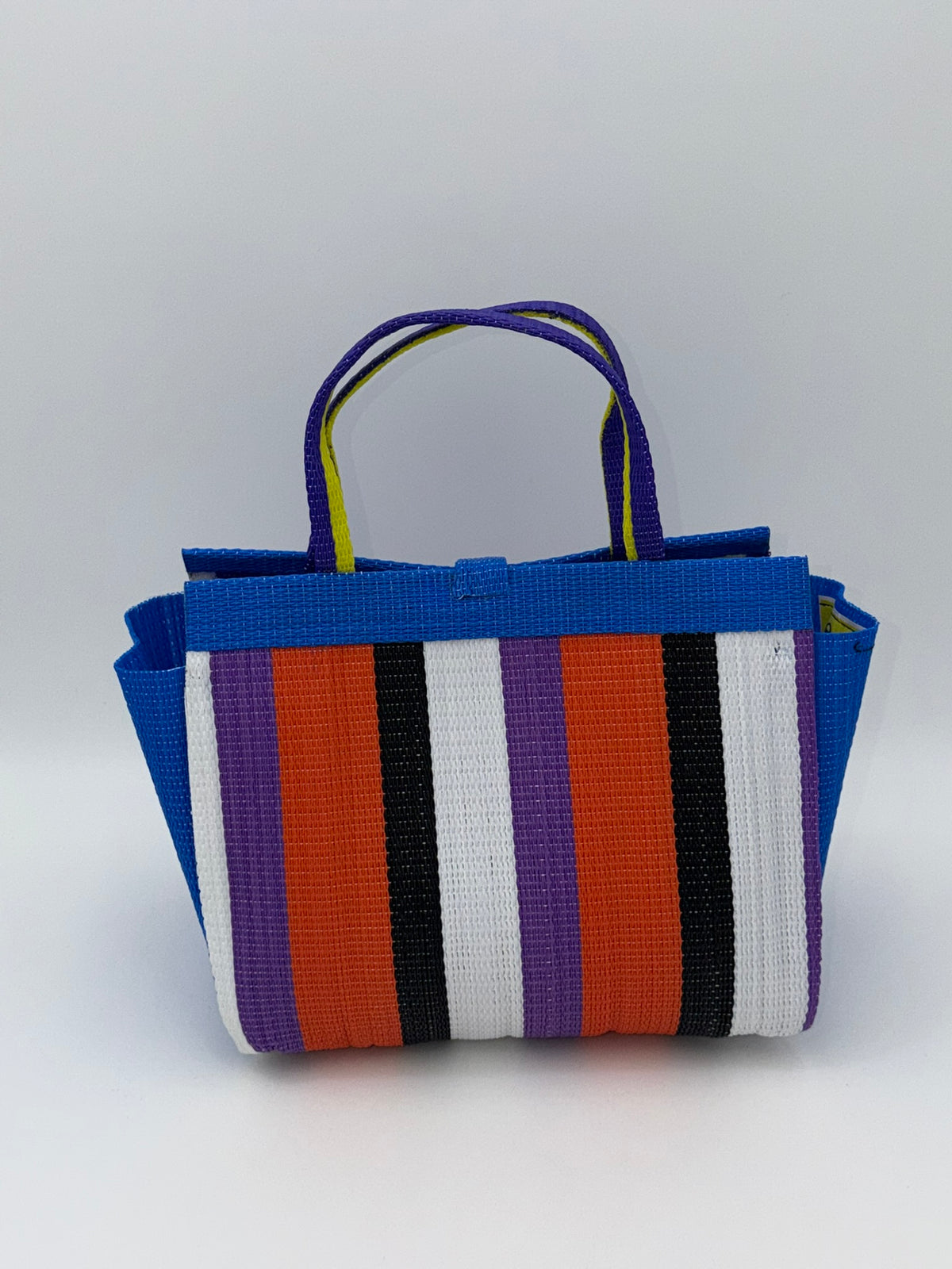 Citrus Medium  handwoven tote bag by SCRUBIES in Blue,White,Black,Orange,Purple with Stripes design and Bow accent pattern