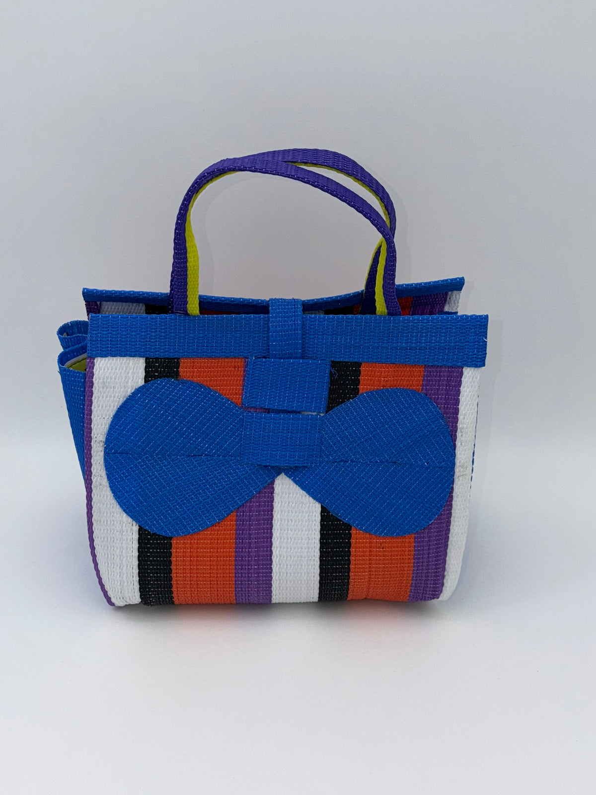 Citrus Medium  handwoven tote bag by SCRUBIES in Blue,White,Black,Orange,Purple with Stripes design and Bow accent pattern