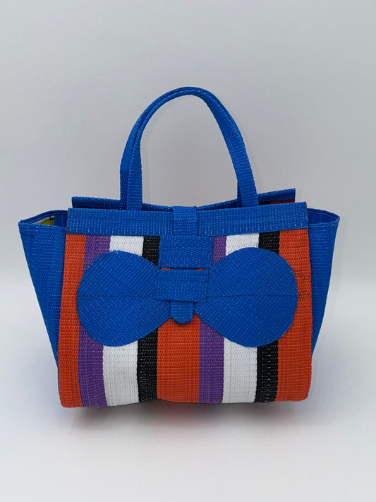 Citrus Medium  handwoven tote bag by SCRUBIES in Blue,White,Black,Orange,Purple with Block design and Bow accent pattern