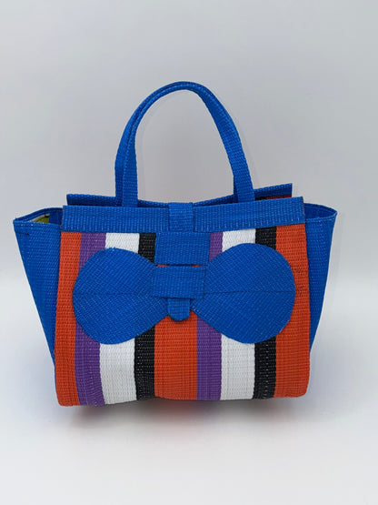 Citrus Medium  handwoven tote bag by SCRUBIES in Blue,White,Black,Orange,Purple with Block design and Bow accent pattern