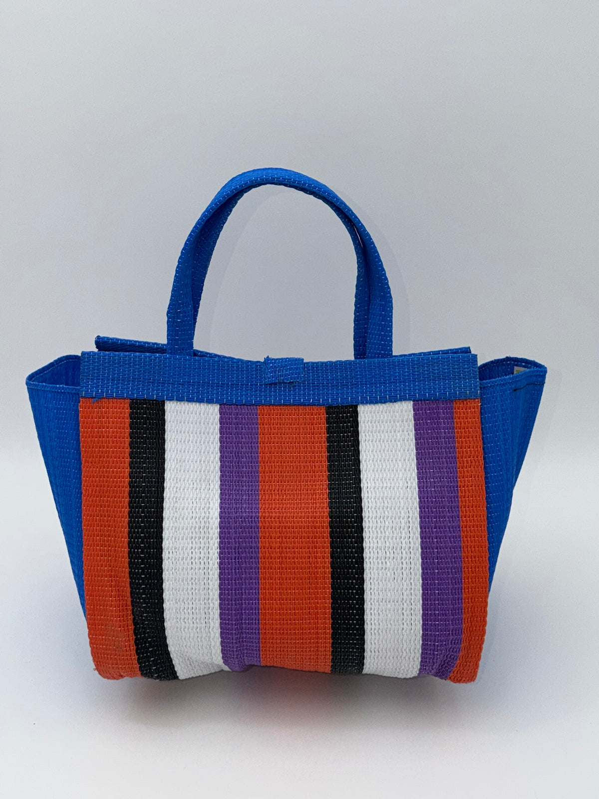 Citrus Medium  handwoven tote bag by SCRUBIES in Blue,White,Black,Orange,Purple with Block design and Bow accent pattern