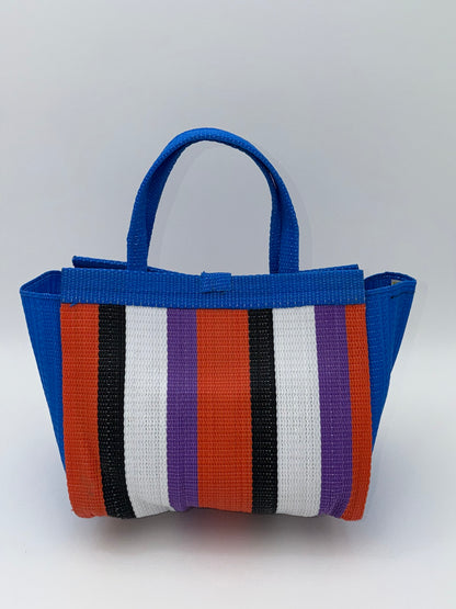 Citrus Medium  handwoven tote bag by SCRUBIES in Blue,White,Black,Orange,Purple with Block design and Bow accent pattern