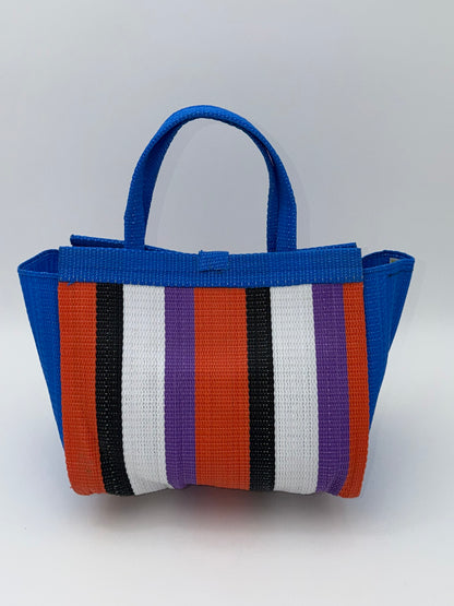Citrus Medium  handwoven tote bag by SCRUBIES in Blue,White,Black,Orange,Purple with Block design and Bow accent pattern