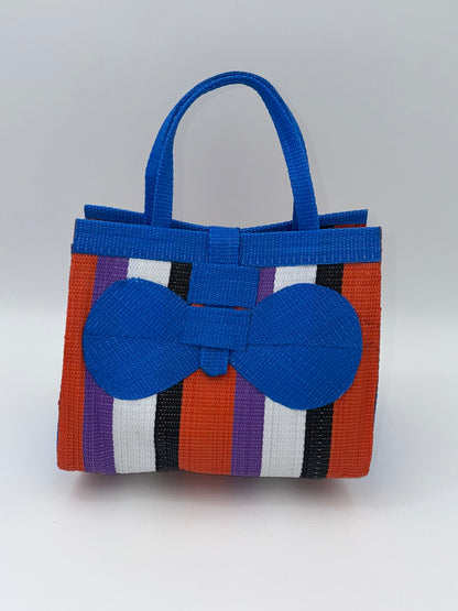 Citrus Medium  handwoven tote bag by SCRUBIES in Blue,White,Black,Orange,Purple with Block design and Bow accent pattern