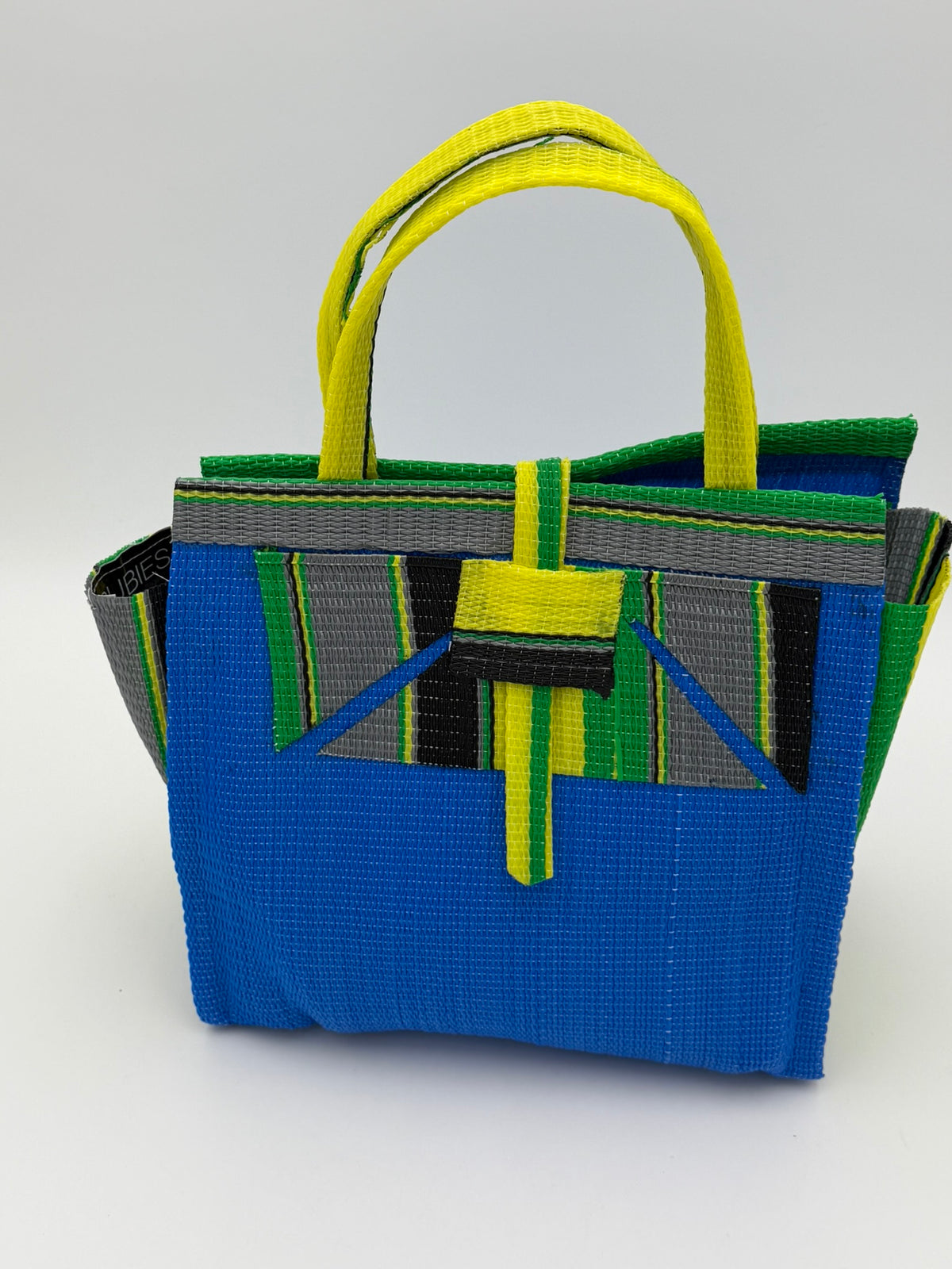 Lagoon Medium  handwoven tote bag by SCRUBIES in Blue,Green,Yellow,Gray,Black with Solid design and Abstract accent pattern