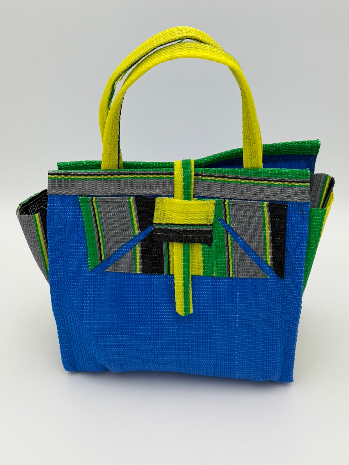 Lagoon Medium  handwoven tote bag by SCRUBIES in Blue,Green,Yellow,Gray,Black with Solid design and Abstract accent pattern