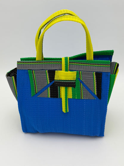 Lagoon Medium  handwoven tote bag by SCRUBIES in Blue,Green,Yellow,Gray,Black with Solid design and Abstract accent pattern