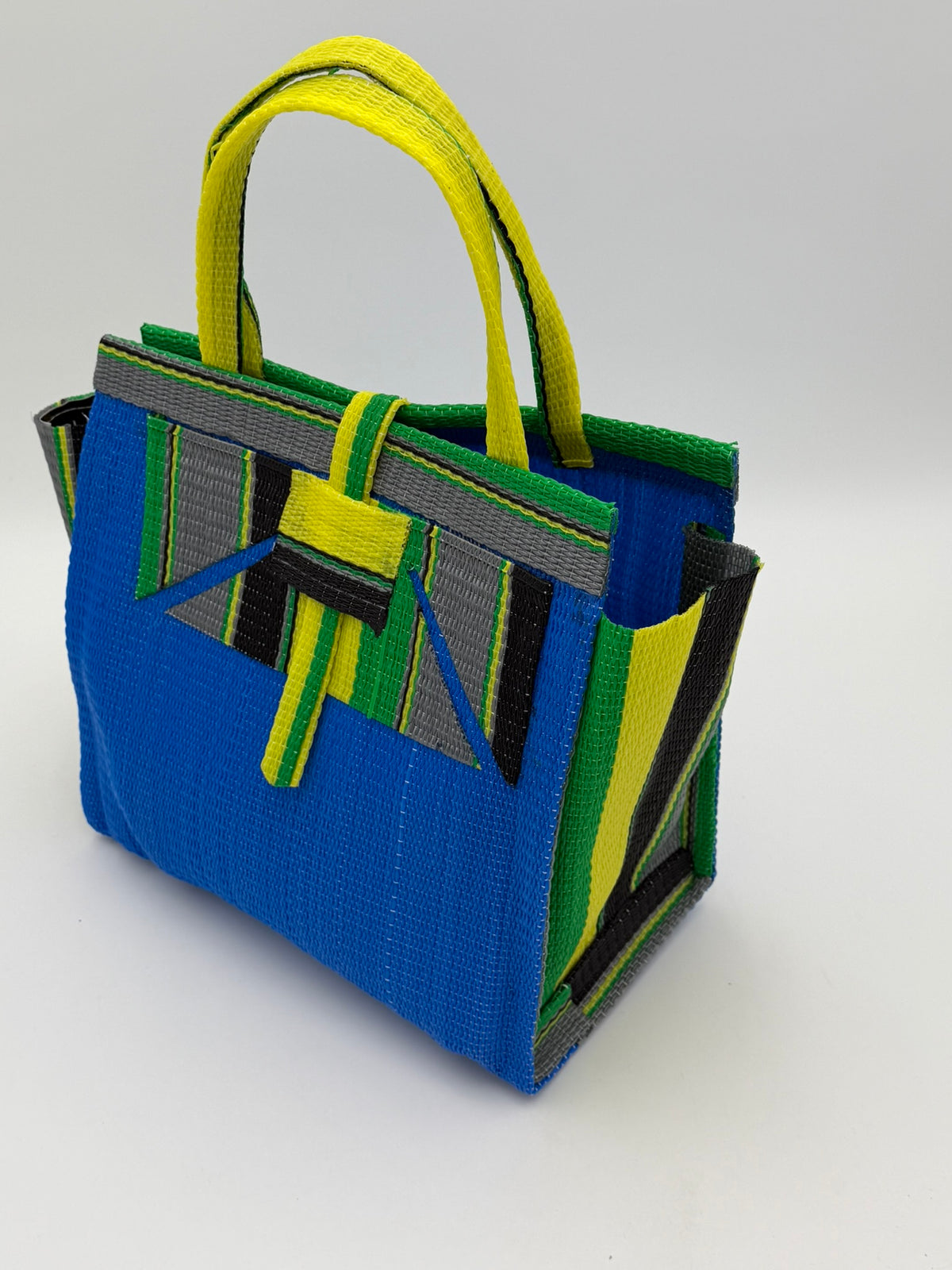Lagoon Medium  handwoven tote bag by SCRUBIES in Blue,Green,Yellow,Gray,Black with Solid design and Abstract accent pattern