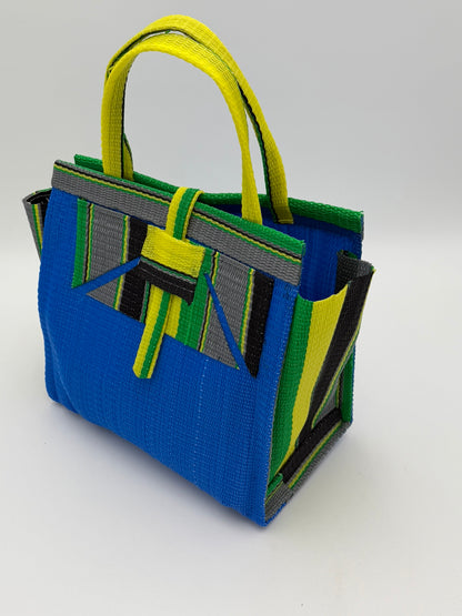 Lagoon Medium  handwoven tote bag by SCRUBIES in Blue,Green,Yellow,Gray,Black with Solid design and Abstract accent pattern