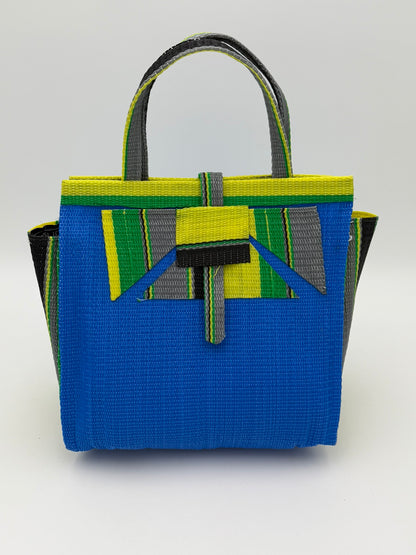 Lagoon Medium  handwoven tote bag by SCRUBIES in Blue,Green,Yellow,Gray,Black with Solid design and Abstract accent pattern
