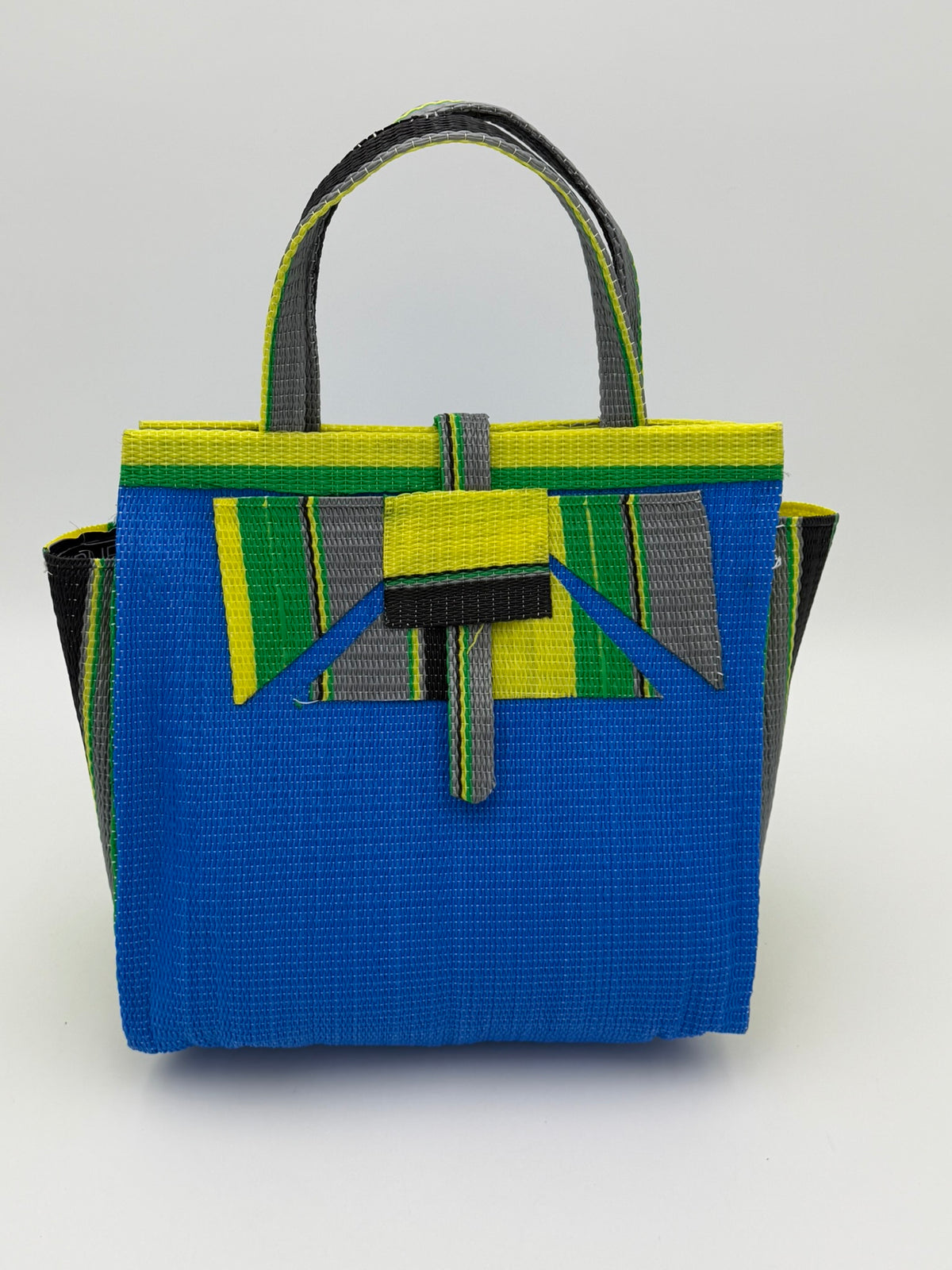 Lagoon Medium  handwoven tote bag by SCRUBIES in Blue,Green,Yellow,Gray,Black with Solid design and Abstract accent pattern