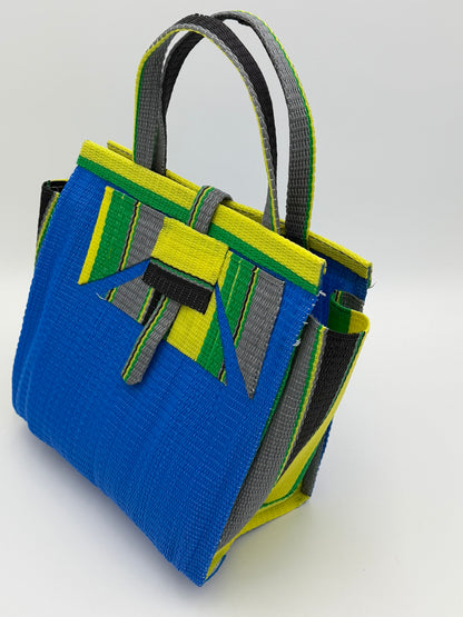 Lagoon Medium  handwoven tote bag by SCRUBIES in Blue,Green,Yellow,Gray,Black with Solid design and Abstract accent pattern