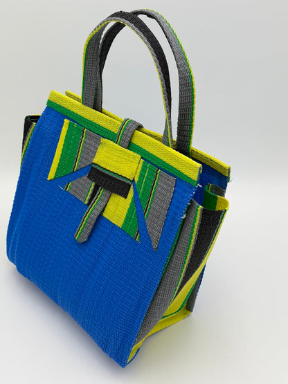 Lagoon Medium  handwoven tote bag by SCRUBIES in Blue,Green,Yellow,Gray,Black with Solid design and Abstract accent pattern