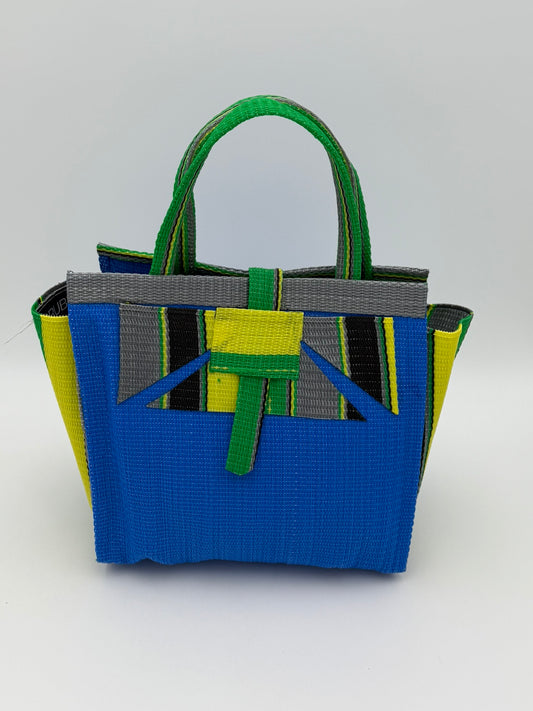 Lagoon Medium  handwoven tote bag by SCRUBIES in Blue,Green,Yellow,Gray,Black with Solid design and Abstract accent pattern