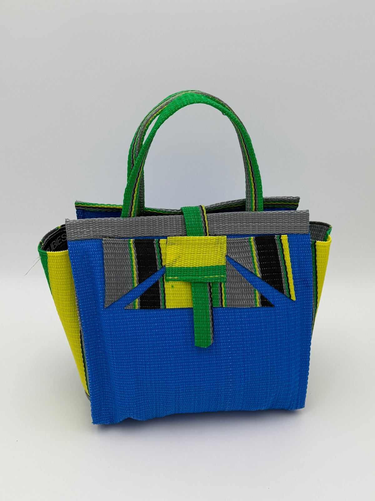 Lagoon Medium  handwoven tote bag by SCRUBIES in Blue,Green,Yellow,Gray,Black with Solid design and Abstract accent pattern