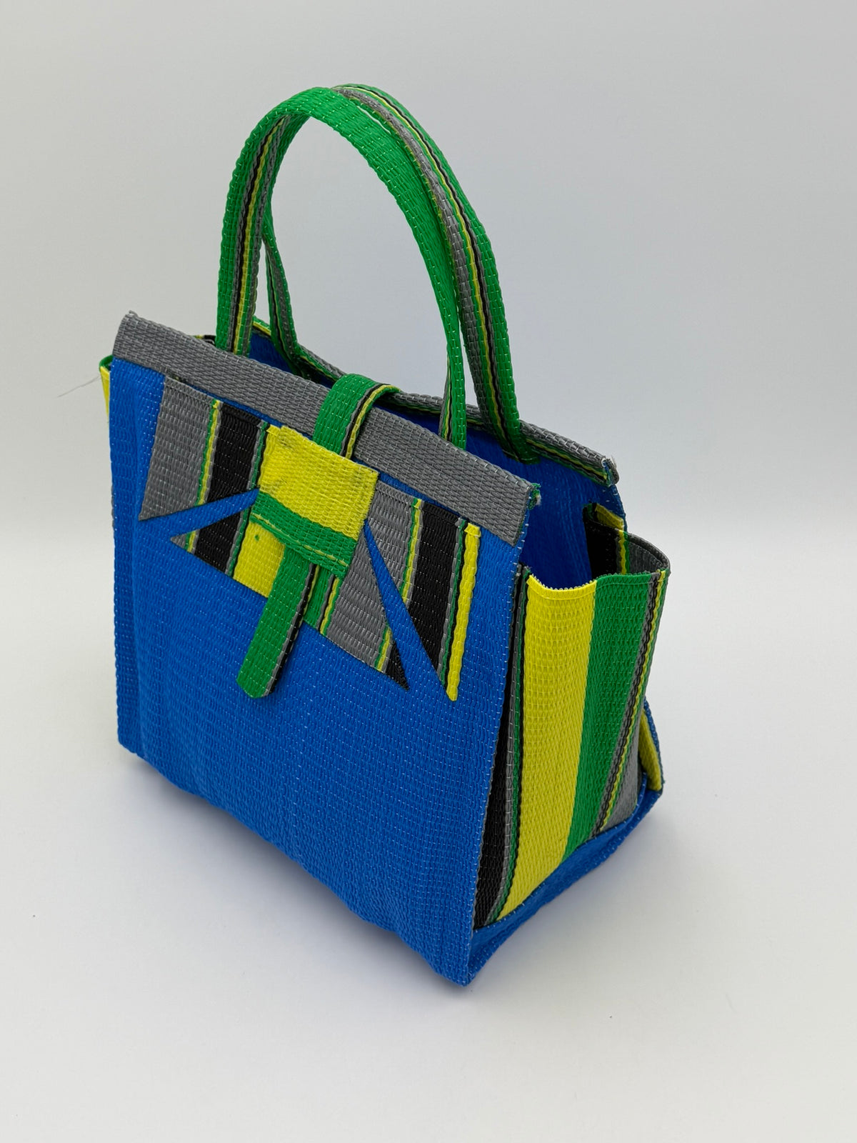 Lagoon Medium  handwoven tote bag by SCRUBIES in Blue,Green,Yellow,Gray,Black with Solid design and Abstract accent pattern