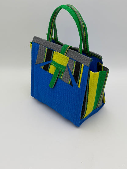 Lagoon Medium  handwoven tote bag by SCRUBIES in Blue,Green,Yellow,Gray,Black with Solid design and Abstract accent pattern