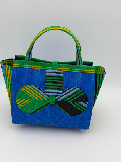 Lagoon Medium  handwoven tote bag by SCRUBIES in Blue,Green,Yellow,Black with Solid design and Bow accent pattern