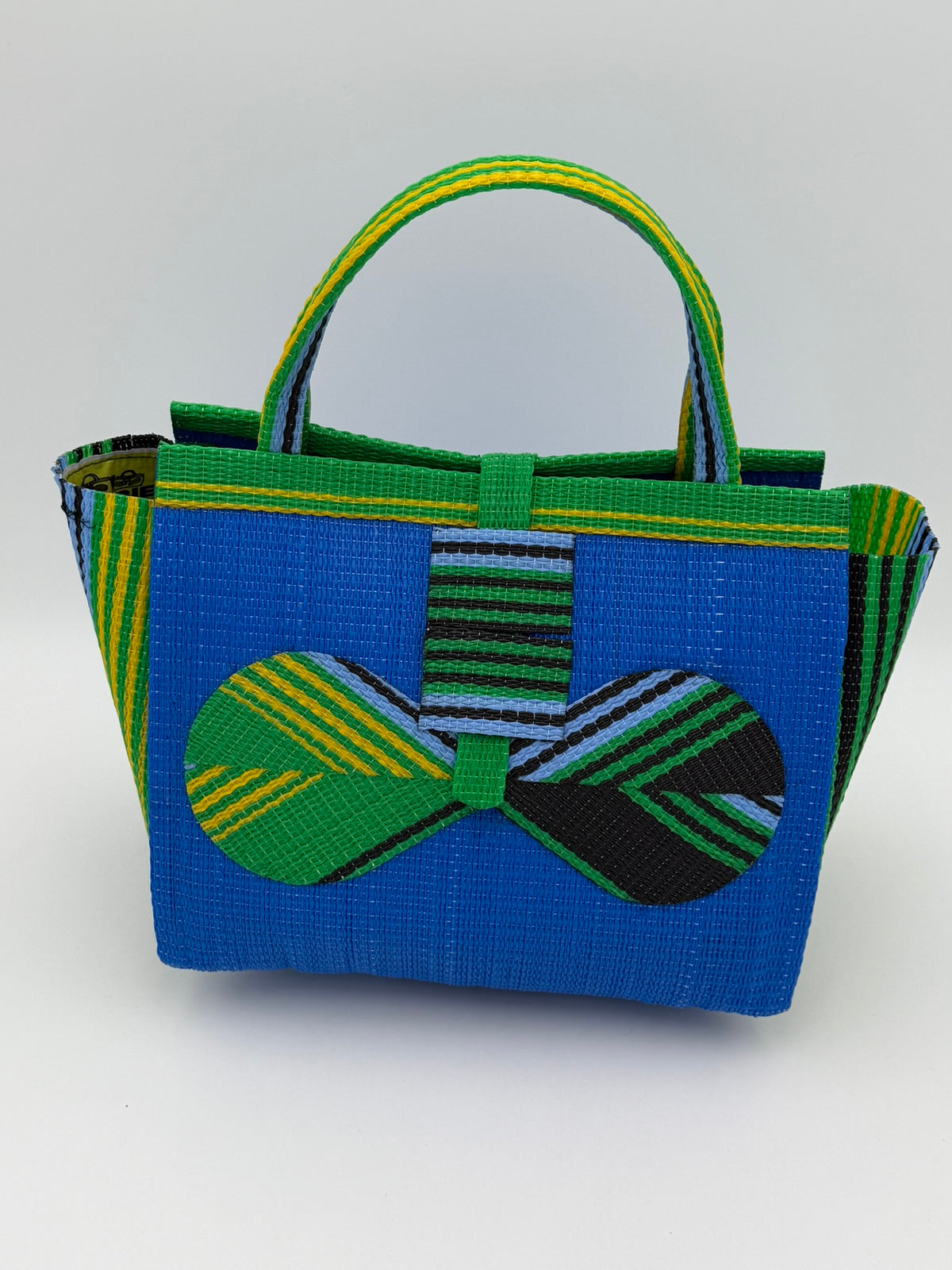 Lagoon Medium  handwoven tote bag by SCRUBIES in Blue,Green,Yellow,Black with Solid design and Bow accent pattern