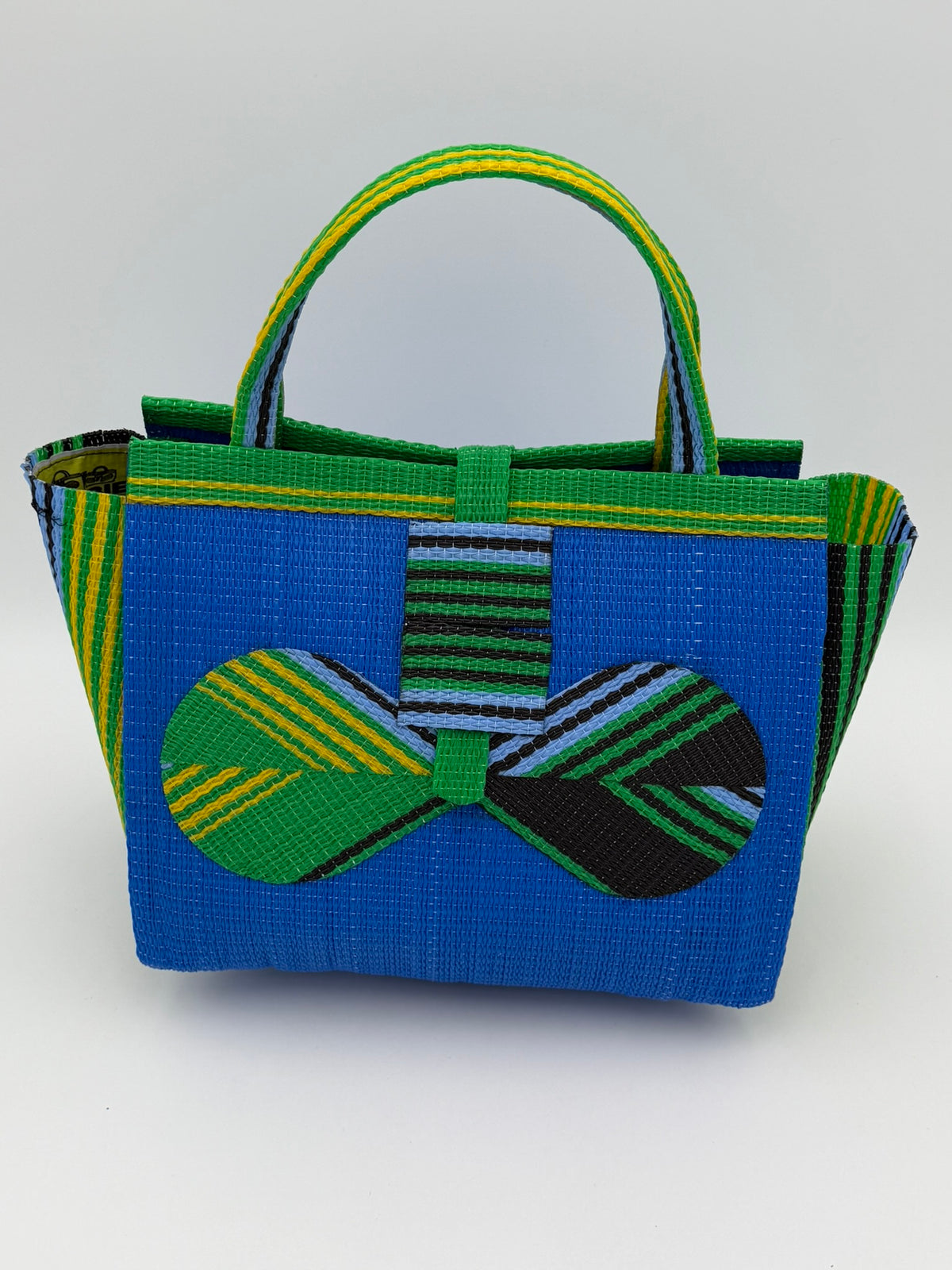 Lagoon Medium  handwoven tote bag by SCRUBIES in Blue,Green,Yellow,Black with Solid design and Bow accent pattern